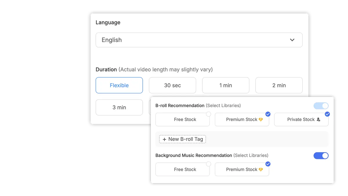 Audio to video editor allows users to select language, pacing, and music to fine-tune the output video.